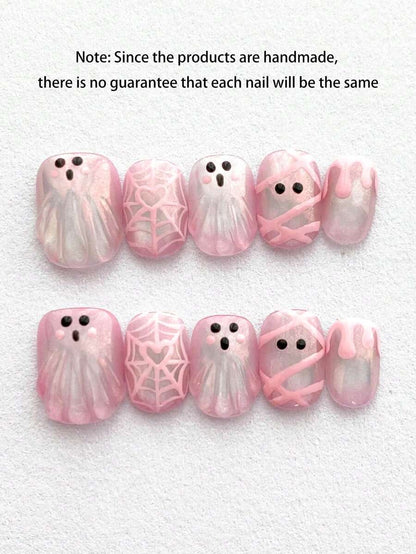 Pink Ghost and Spiderweb Press-On Nail Set