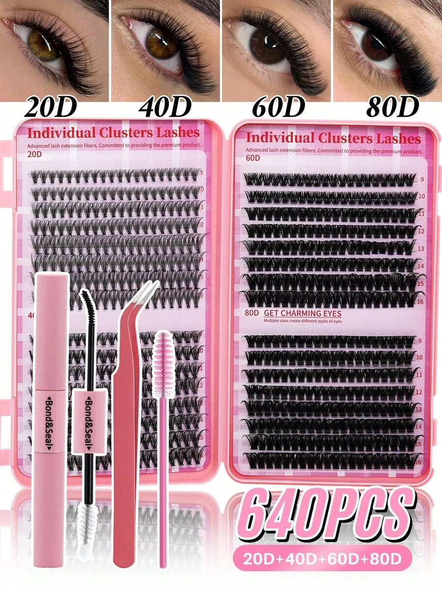 640pcs Mixed DIY Eyelash Extension Kit, High Capacity Individual Lashes, 9-16mm Mixed D-Curl Effect, Natural Lightweight, Soft & Comfortable, Long-Lasting. Kit Includes Lash Glue, Tweezers And Lash Brush. Eyelash Cluster Set, Eyelashes, False Lashes