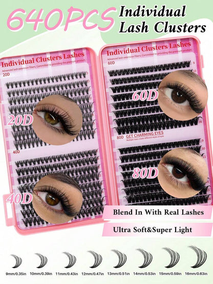 640pcs Mixed DIY Eyelash Extension Kit, High Capacity Individual Lashes, 9-16mm Mixed D-Curl Effect, Natural Lightweight, Soft & Comfortable, Long-Lasting. Kit Includes Lash Glue, Tweezers And Lash Brush. Eyelash Cluster Set, Eyelashes, False Lashes