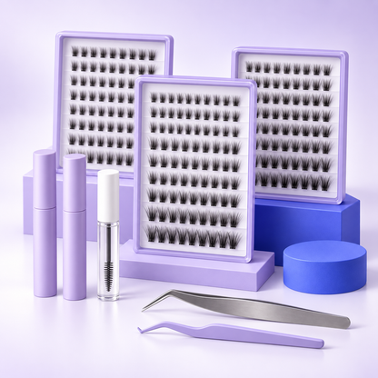 Complete 154-piece wispy lash cluster kit in lavender studio display