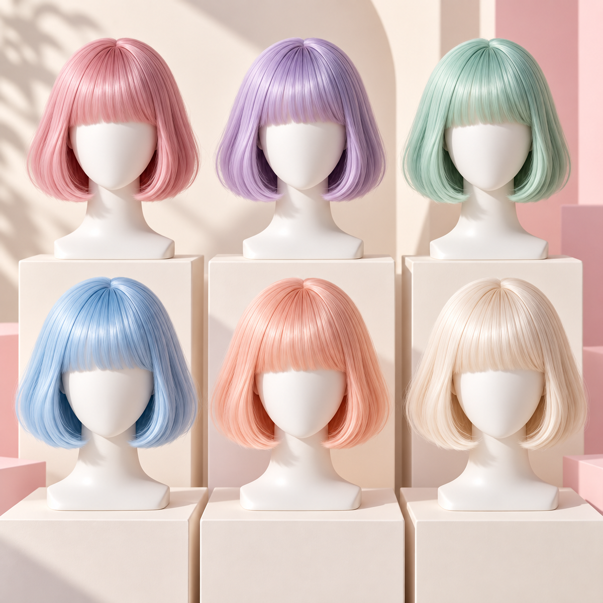 Six pastel 12-inch bob wigs with bangs in a two-row display