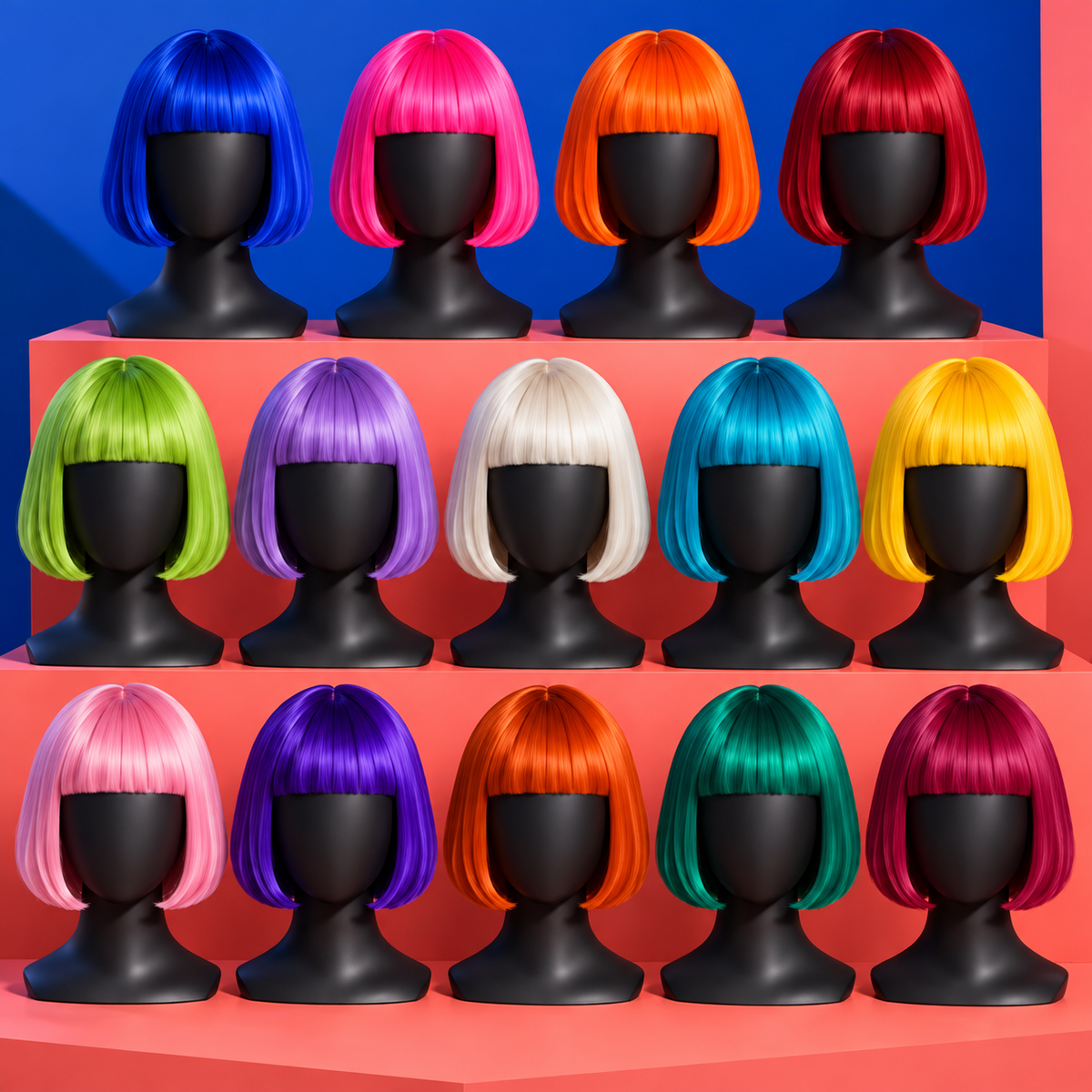Fourteen bright-color 12-inch bob wigs with bangs on black stands