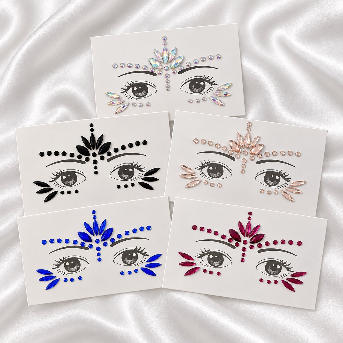 Five face and body gem sticker sheets in five colors on white satin