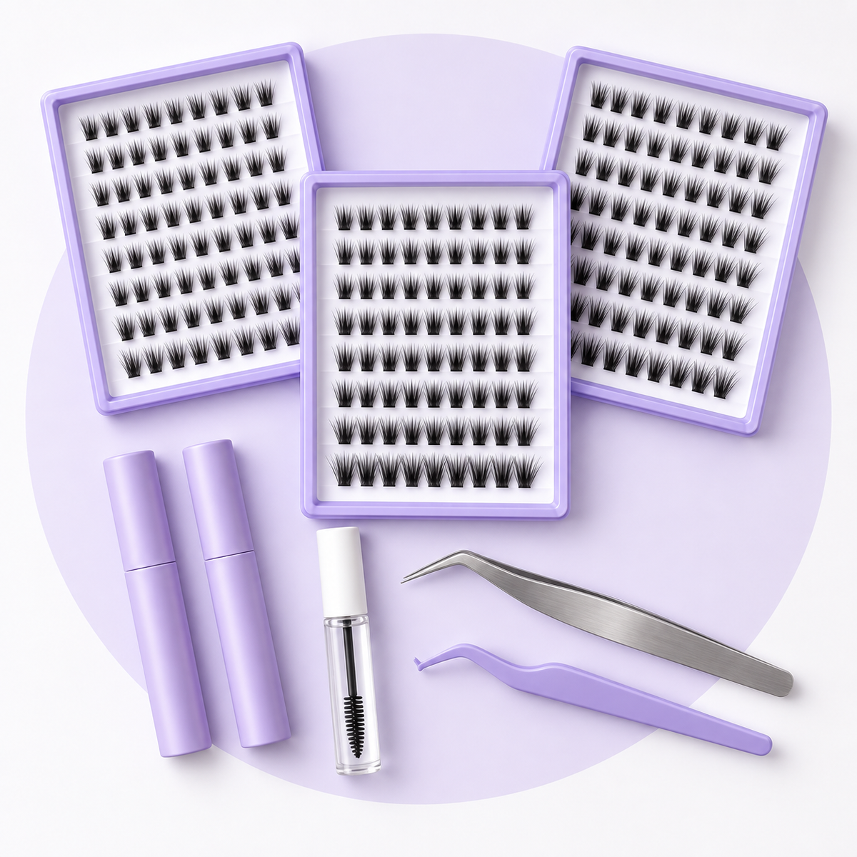 Complete wispy lash cluster kit arranged in a top-down flat lay