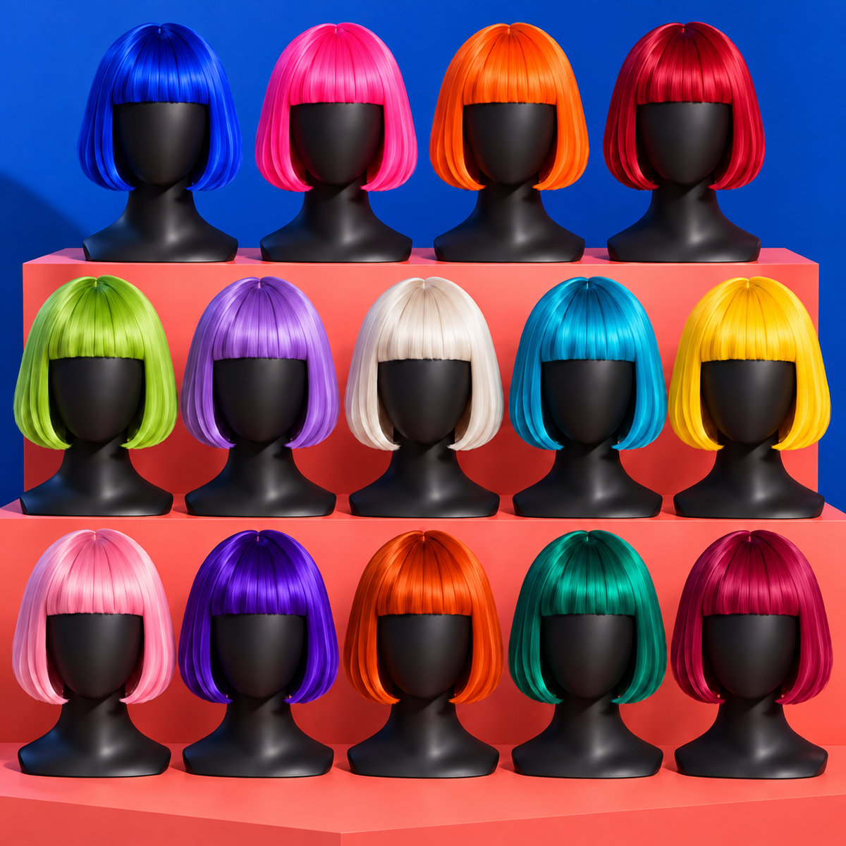 Fourteen bright-color bob wigs displayed on tiered studio shelves