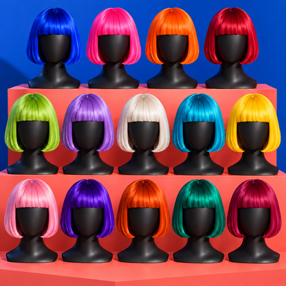 Fourteen bright-color bob wigs displayed on tiered studio shelves