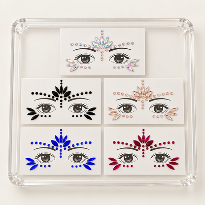 Five face and body gem sticker sheets arranged on a clear tray