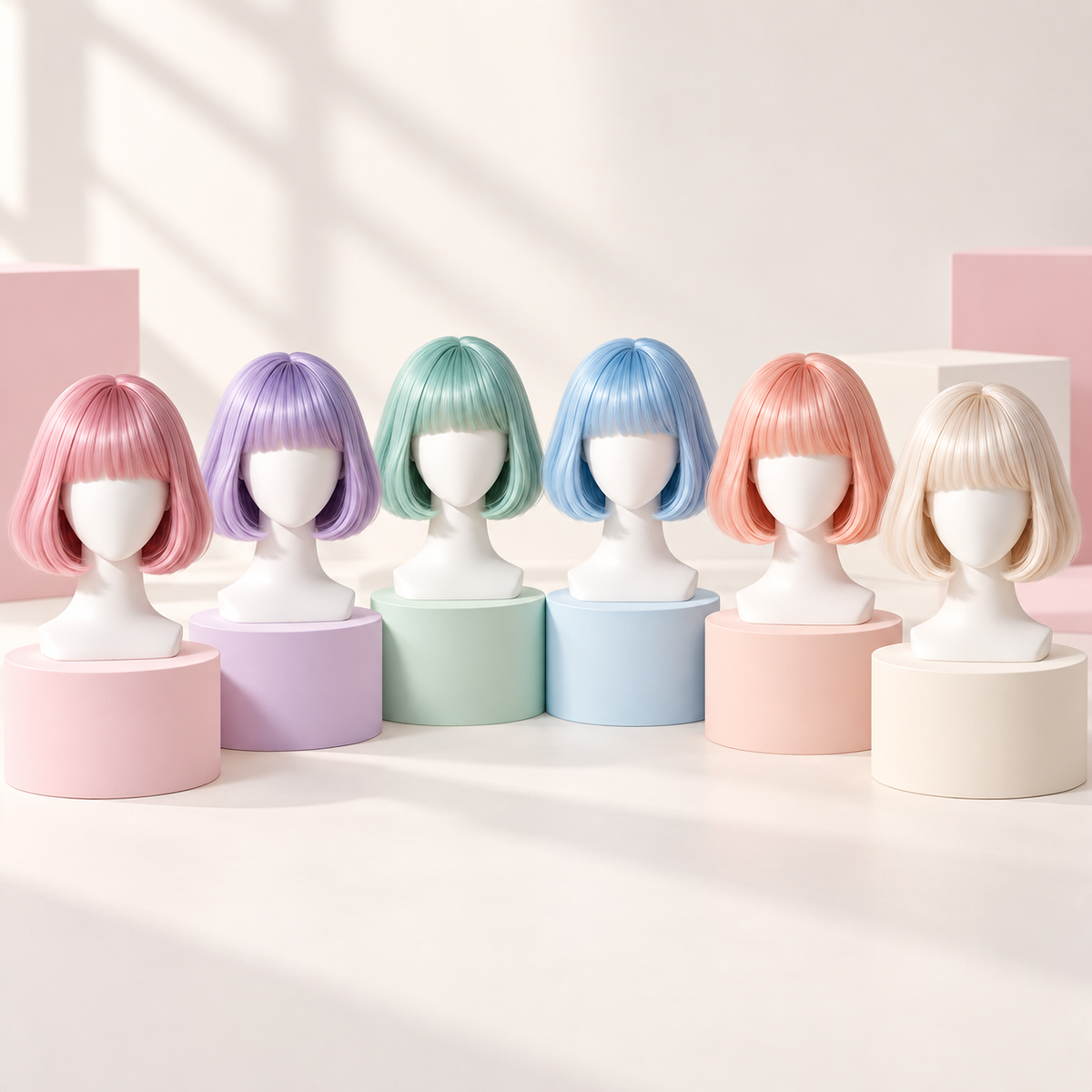 Six pastel bob wigs with bangs arranged in a curved studio row