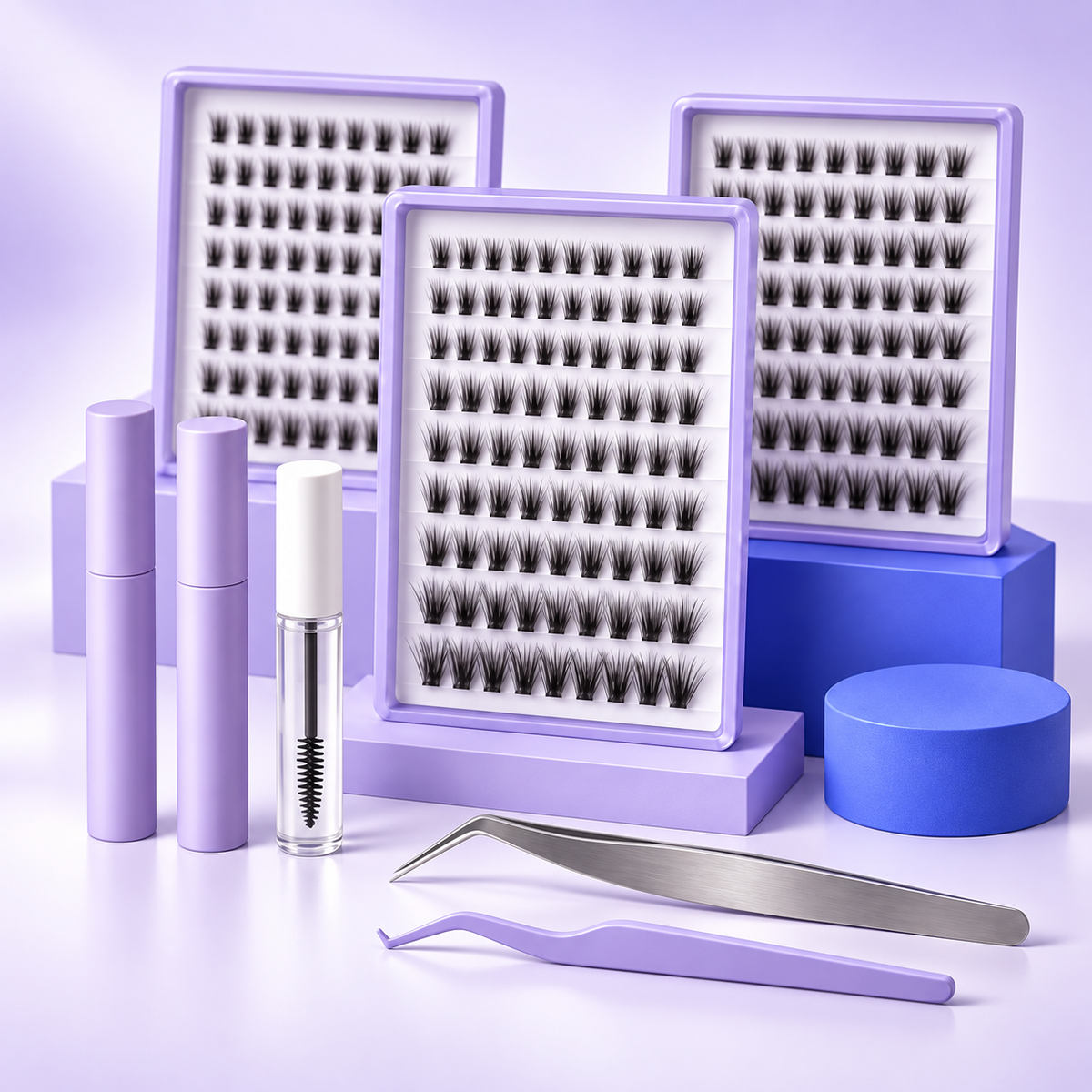 Three lash cluster trays with bond, seal, remover and application tools