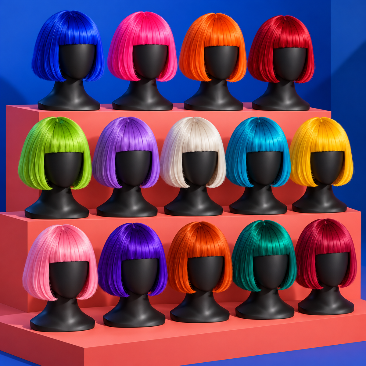 Fourteen bright-color bob wigs shown from a three-quarter angle