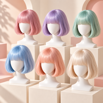 Six pastel bob wigs with bangs shown from a three-quarter angle
