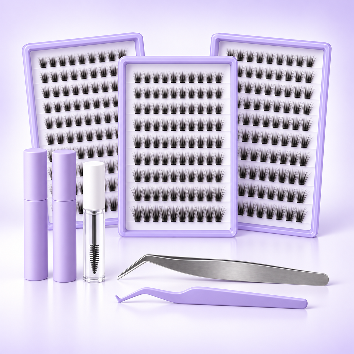 Complete lash cluster kit in a clean symmetrical catalog display