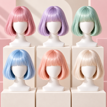 Six pastel bob wigs with bangs in a symmetrical catalog display