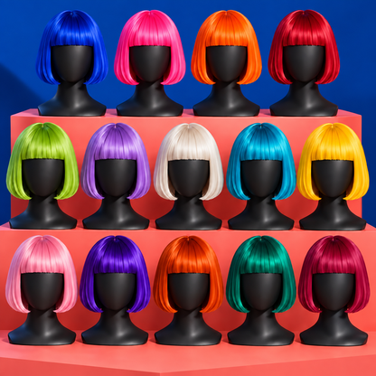 Fourteen bright-color bob wigs in a symmetrical tiered display