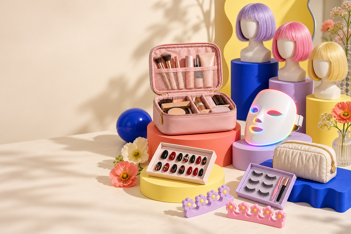 ROMELIQ color-utility beauty playroom with organizers, press-on nails, lash accessories, bob wigs and LED facial mask