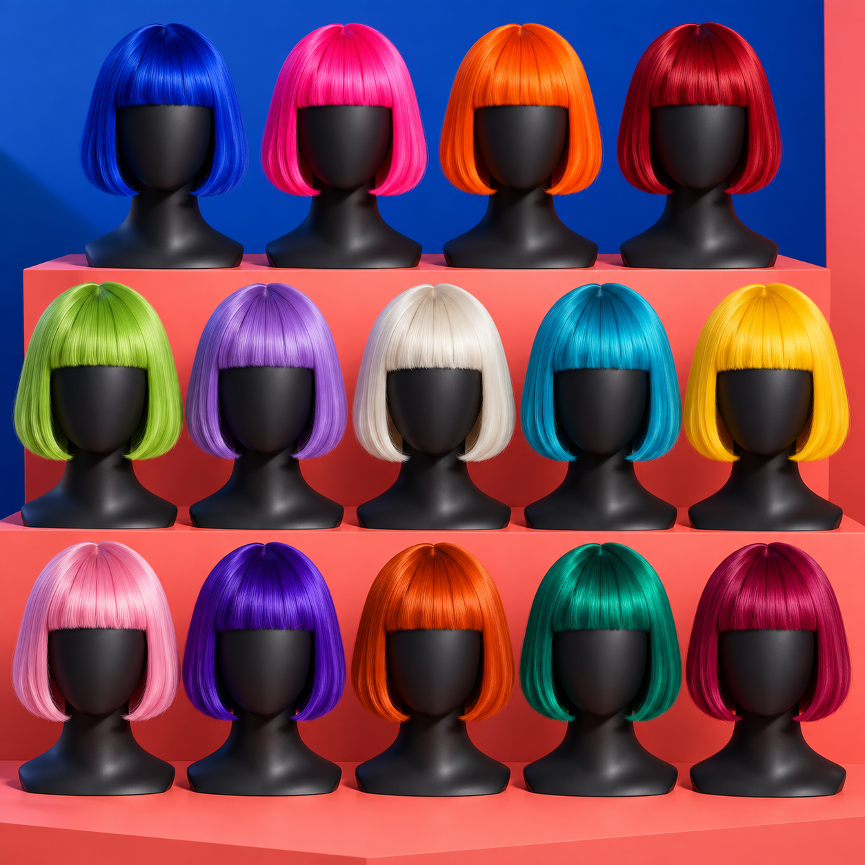 Fourteen bright-color bob wigs with bangs displayed on faceless mannequin stands