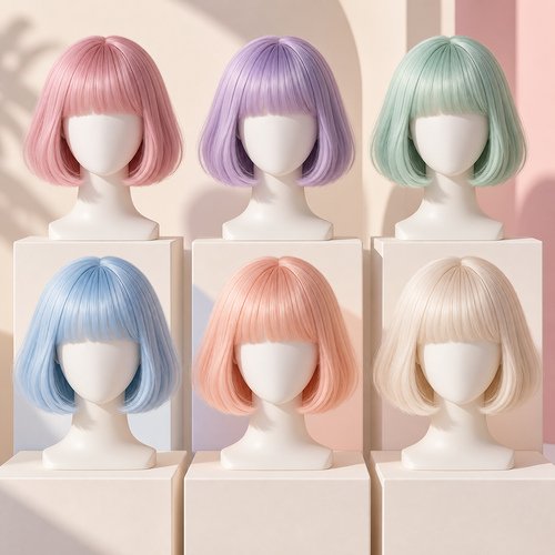 Six pastel bob wigs with bangs displayed on faceless mannequin stands