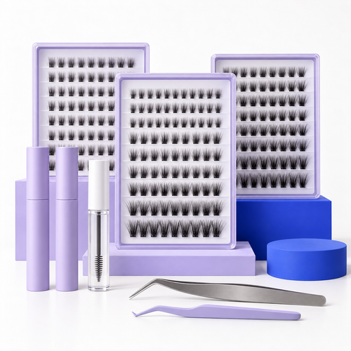 Unbranded wispy lash cluster kit with bond, seal, remover, tweezers and applicator